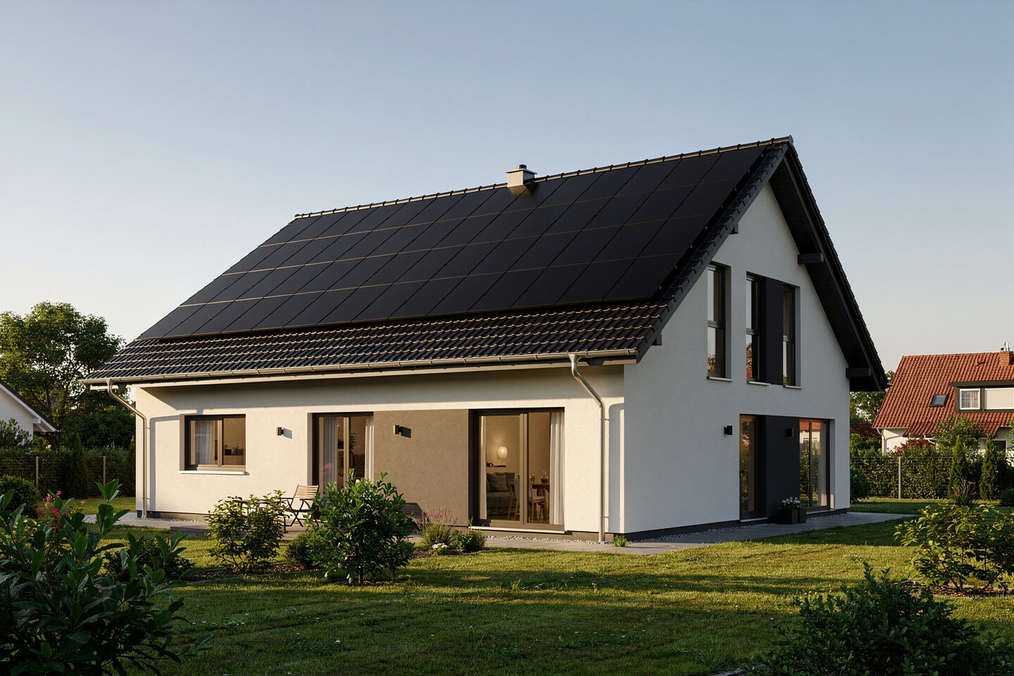 Wohnhaus mit Photovoltaikmodulen auf dem Satteldach